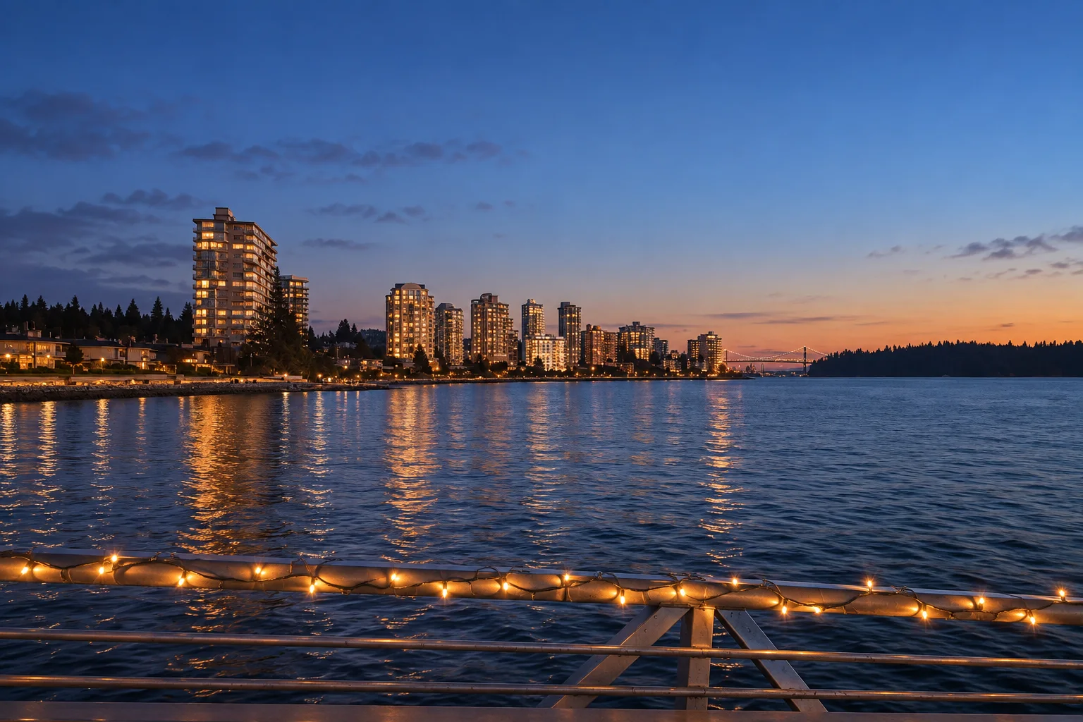 West Vancouver waterfront at sunset with high-rise buildings, calm water, and the Lions Gate Bridge in the distance