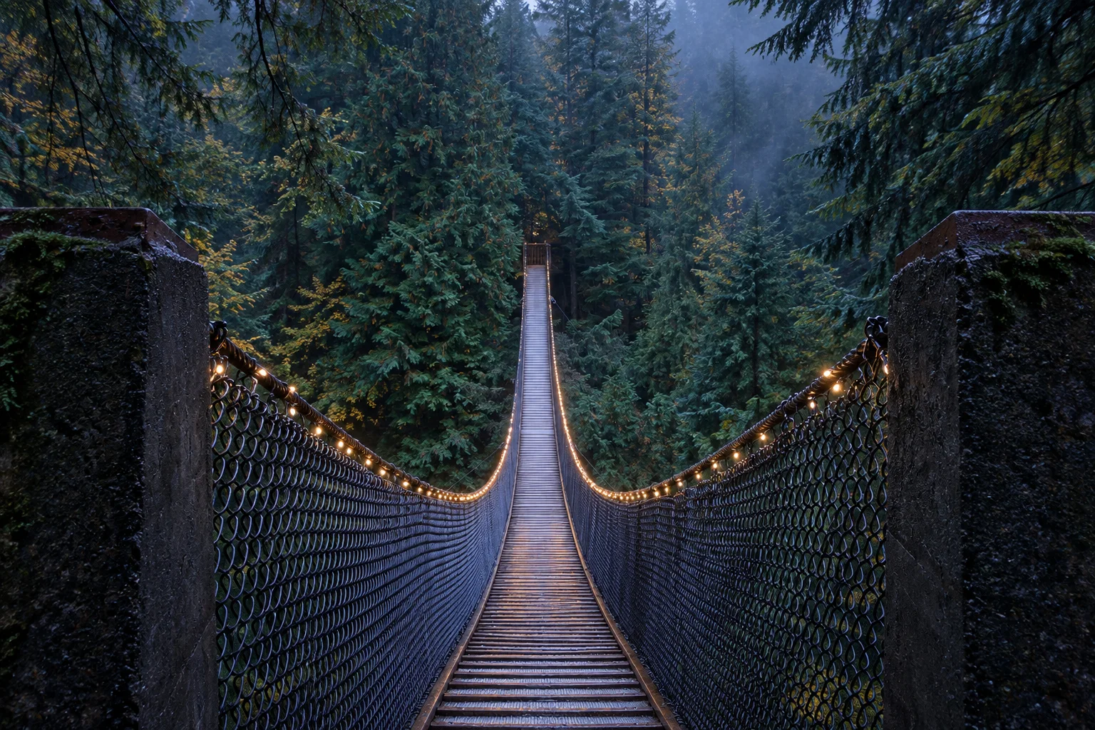 Lynn Canyon Suspension Bridge descending through evergreen forest in North Vancouver