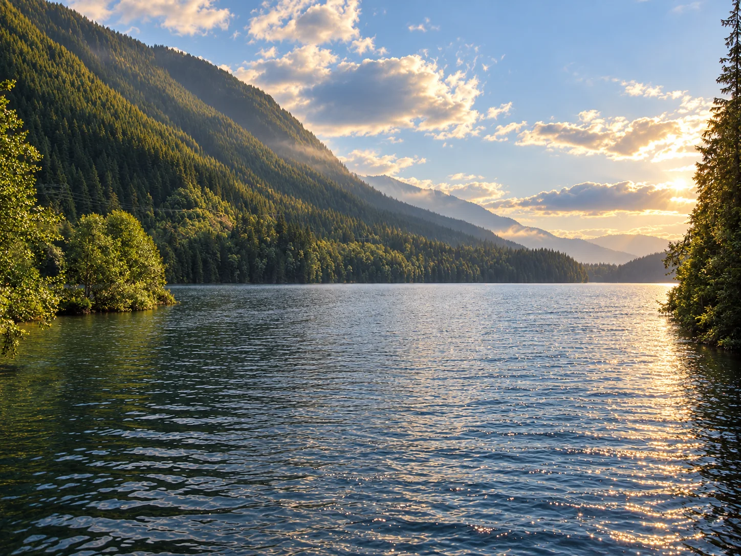 Buntzen Lake at Anmore with broad water, forested mountain slope, and wooded shoreline