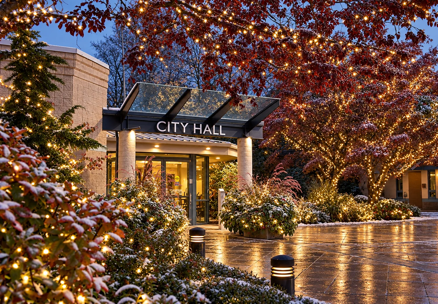 Pitt Meadows City Hall with landscaped civic grounds